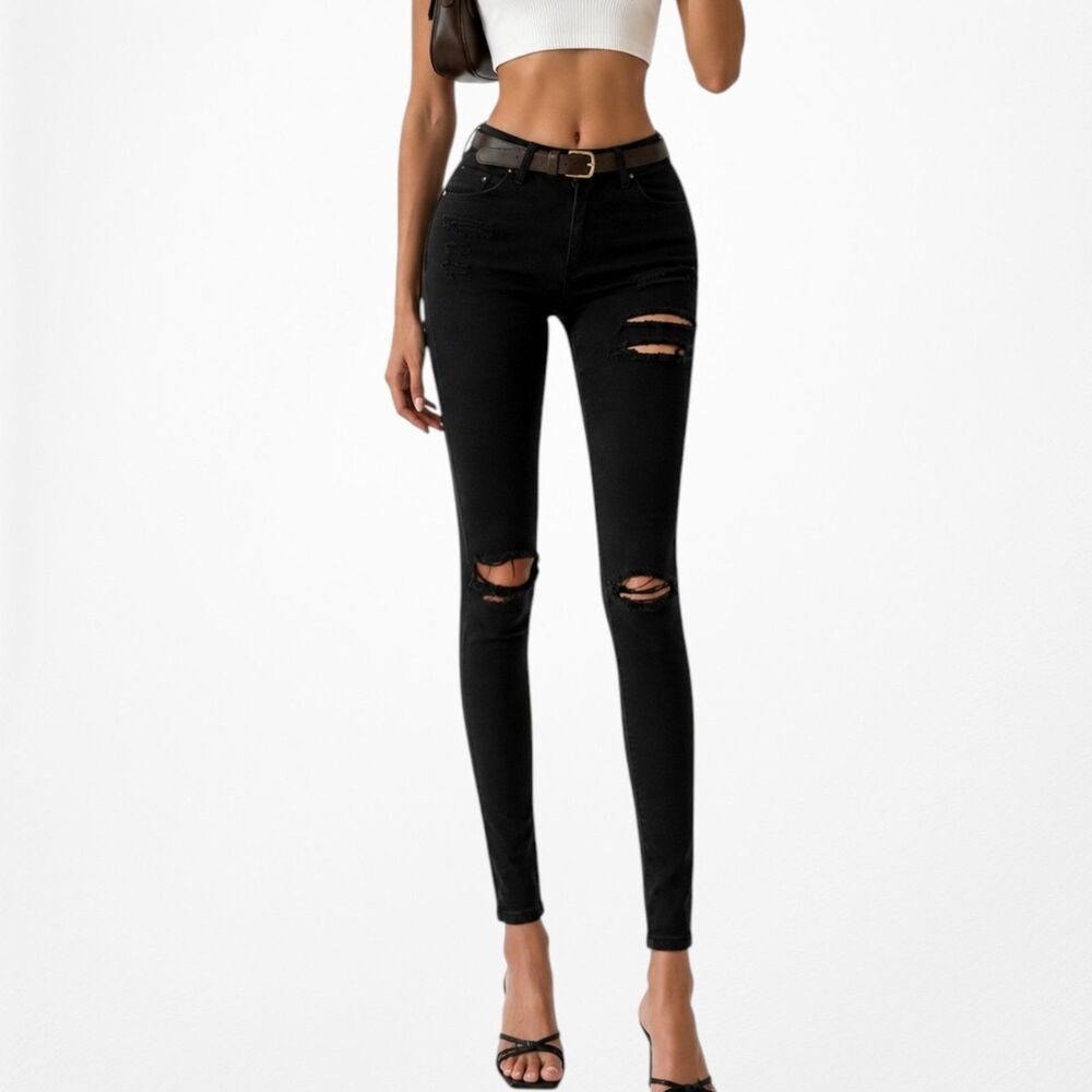 Black High Waisted Distressed Destroyed Ripped Knees Skinny Denim Jeans Size XS